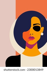 Fashion woman in sunglasses portrait pop art minimal design for poster t shirt print card vector flat illustration. Trendy female in earrings cute retro hair silhouette confident beauty feminism