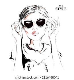 Fashion woman in sunglasses. Stylish girl. Vector illustration