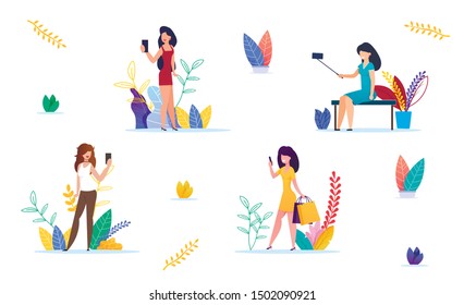 Fashion Woman Taking Selfie with Smartphone for Social Media Set. Female Cartoon Characters Wearing Casual Clothes with Mobile Cell Phones in Different Situations. Vector Flat Illustration