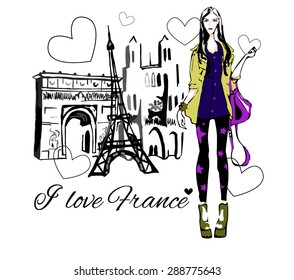 Fashion woman with triumphal arch and Eiffel tower