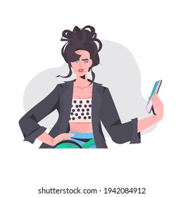 fashion woman using smartphone beautiful girl model in trendy clothes female cartoon character portrait
