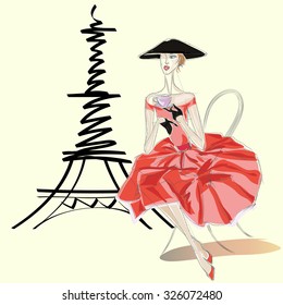 Fashion woman in Vietnamese hat drinking morning tea in cafe near the Eiffel Tower in Paris hand drawn vector illustration Background with model