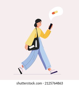 Fashion woman walking with handbag uses smartphone, isolated. Medication notice. Reminder to take a pill. Phone reminder.