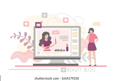 Fashion woman watching beauty blog and talking on smartphone. The female blogger talks about the latest cosmetics. Vlog on monitor screen. Community in social network. Trendy vector illustration