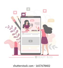 Fashion woman watching beauty blog and talking on smartphone. The female blogger talks about the latest cosmetics. Vlog on mobile screen. Community in social network. Trendy vector illustration