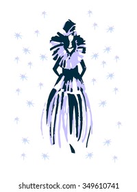 Fashion woman in winter coat . Fashion sketch hand drawn . Vector illustration . Hello winter card , postcard.