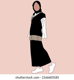 Fashion women by way of a blouse colored by a black, brown, and white combination. Dark skirts and hijab, and white shoes