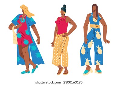 Fashion women characters or fashion models in beautiful summer clothing, flat vector illustration isolated on white. Summer fashion show collection performed by models.
