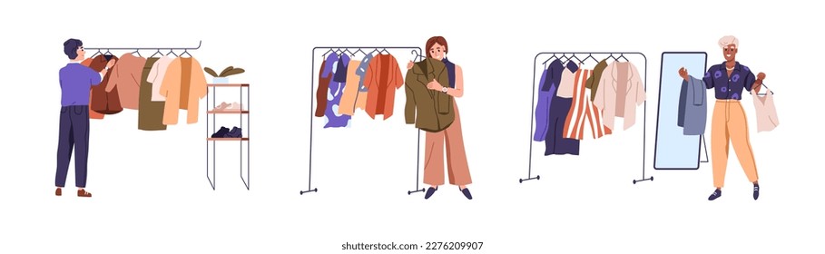 Fashion women choosing modern clothes on hanger rails. Happy people shopping. Outfit, apparel, trendy garments choice in showroom, boutique. Flat vector illustrations isolated on white background