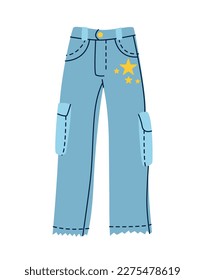 Fashion women clothes. Doodle sticker with jeans with pockets and print. Stylish trousers or denim pants. Trendy Basic Female Garment. Cartoon flat vector illustration isolated on white background