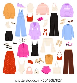 Mode Frauen Kleidung Set. Weibliche Kleidung in Kleiderschrank, Schuhe und Accessoires Kollektion für lässiges Outfit von eleganten Mädchen, Sommerkleid und Hose, Jacke und Schuhe Cartoon Vektorgrafik