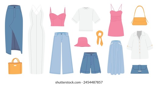 Fashion women clothes set. Summer women's clothing, bags, sunglasses. Dresses, tops, denim skirt, shorts, sunglasses. Color flat vector illustrations isolated on white background.