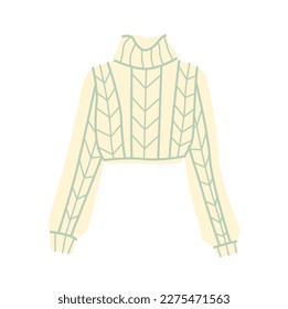 Fashion women clothes. Sticker with warm knitted sweater for winter season. Wool jacket. Stylish apparel. Trendy Basic Female Garment. Cartoon flat vector illustration isolated on white background