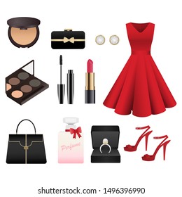 fashion women dress accessories and cosmetic set. powder foundation, clutch purse, bag, red lipstick, eyeshadow, mascara, perfume, earrings, pearl ring, red high heels, red evening  cocktail dress.