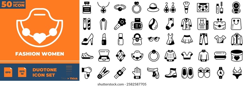 Fashion Women Duotone Editable Icons set. Vector illustration in modern thin duotone style of fashion women icons: dress, bag, tailor, etc