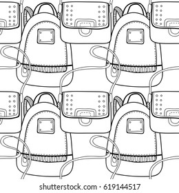 Fashion women handbag for coloring book. Black and white seamless pattern of stylish accessories. Vector