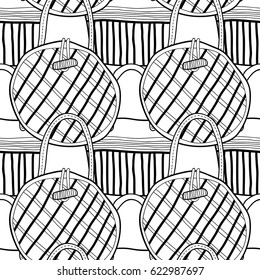 Fashion women handbag for coloring book. Black and white seamless pattern of stylish accessories. Vector