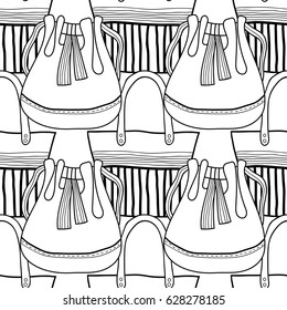 Fashion women handbag for coloring book. Black and white seamless pattern of stylish accessories. Vector