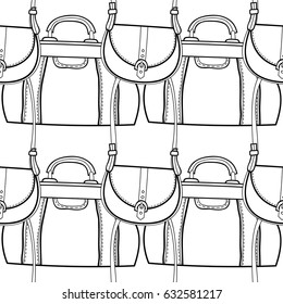 Fashion women handbag for coloring book. Black and white seamless pattern of stylish accessories. Vector