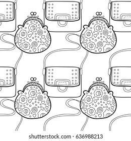 Fashion women handbag for coloring book. Black and white seamless pattern of stylish accessories. Vector