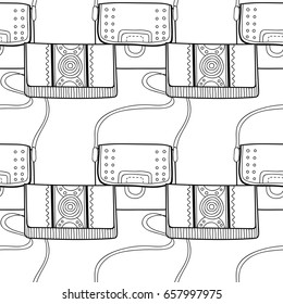 Fashion women handbag for coloring book. Black and white seamless pattern of stylish accessories. Vector