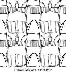 Fashion women handbag for coloring book. Black and white seamless pattern of stylish accessories. Vector