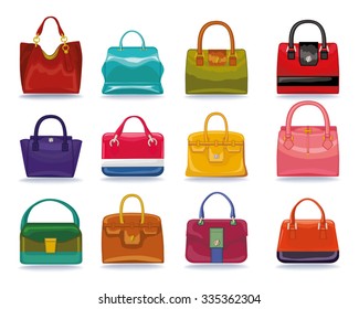 Fashion women handbags set.Casual and festive Multicolored icons.Fashion illustration,vector collection.Isolated object with shadow on white background