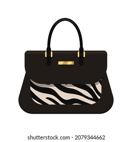 Fashion women leather handbag with zebra print. Elegant design of female leather accessories with animal pattern. Ladies bag with gold buckle and roung handle. Isolated vector illustration 
