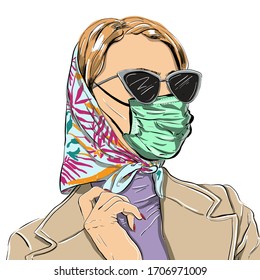 Fashion women in medical mask on white background.