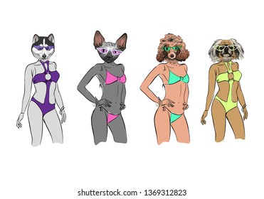 Fashion women models with animal heads in swimsuits set. Modern clothes. Template sketch vector illustration. 