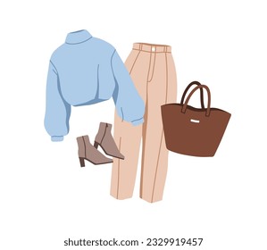 Fashion women outfit. Modern clothes set. Elegant stylish apparel, trousers, heeled boots, tote bag and sweater for spring and fall season. Flat vector illustration isolated on white background