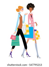 Fashion women with shopping bags waking together. Vector illustration.