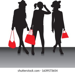 Fashion women silhouettes holding red purse. 