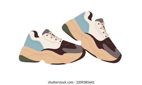 Fashion women sneakers pair. Comfortable leather sport shoes. Casual multicolor laced footwear. Comfy female foot wear with thick sole. Flat vector illustration isolated on white background