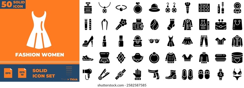 Fashion Women Solid Editable Icons set. Vector illustration in modern thin solid style of fashion women icons: dress, bag, tailor, etc