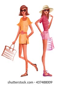 Fashion women in summer dress ready for the beach - vector illustration