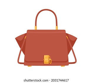 Fashion women trapeze flap bag with handle, shoulder strap and gold buckle. Modern stylish handbag with wide expanded side wings. Colored flat vector illustration isolated on white background