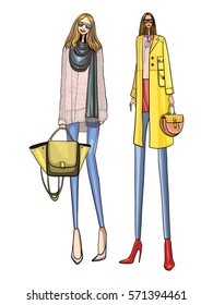 Fashion women, vector illustration, posing, modern clothes 
