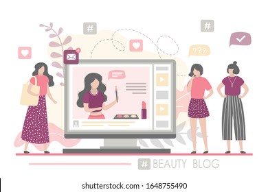 Fashion women watching beauty blog. The female blogger talks about the latest cosmetics. Vlog on monitor screen. Community in social network. Trendy vector illustration