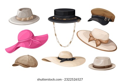 Fashion womens hats set vector illustration. Cartoon isolated female different types of fashionable headgear collection with classic elegant models of hats, stylish summer straw sunhat, newsboy cap