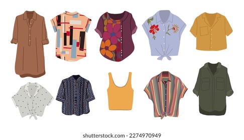 Fashion womens shirts, tops, blouses vector set.