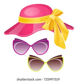 Fashion women's summer hat and sunglasses isolated on white background. A set of cartoon attributes of tourist trips and travel. Vector cartoon close-up illustration.