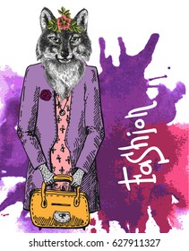 Fashion woolf. Vector illustration for greeting card, poster, or print on clothes. Drawing by hand. Hipster.