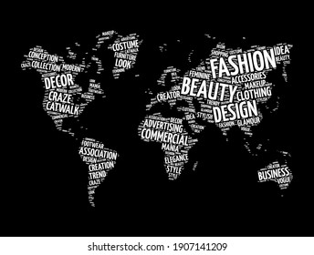 Fashion word cloud in shape of world map, concept background