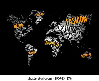 Fashion word cloud in shape of world map, concept background