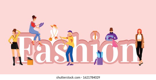 Fashion word concepts flat color vector banner. Catwalk models and designers assistants. Isolated typography with tiny cartoon characters. Designing clothes creative illustration isolated on pink