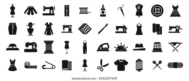 Fashion workshop icons set simple vector. Sewing factory. Garment fabric