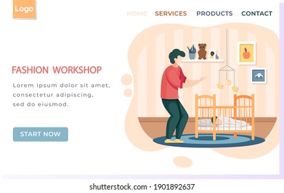 Fashion workshop landing page template with man children's textile worker standing near crib. Guy advertises baby clothes and bedding. Textile clothing manufacturing. The designer sew clothes to order