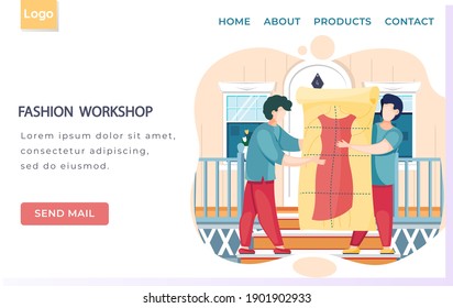 Fashion workshop landing page template designers making model. Dressmakers confer and looking at clothes pattern. Sewing workshop, atelier, custom clothing. Manufacture of modern handmade clothes