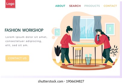 Fashion workshop landing page template designers making model. Dressmakers confer near table and looking at clothes pattern. Sewing workshop, atelier, custom clothing. Manufacture of handmade clothes